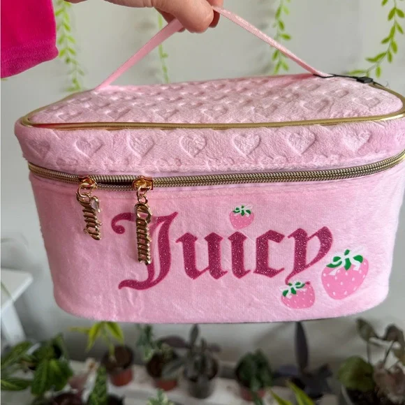 Juicy Couture Pink Velvet Strawberry Cosmetic Bag with Gold Zipper - Picture 3 of 6